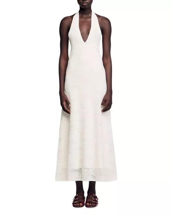 Sandro Dresses & Skirts - Sandro Paris beach wedding halter Maxi Angie Dress Lace Plunge V Neck Cream
